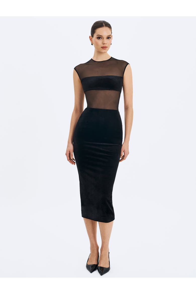 Quielle Mesh and Velvet Midi Bodycon Dress, Alternate, color, Black