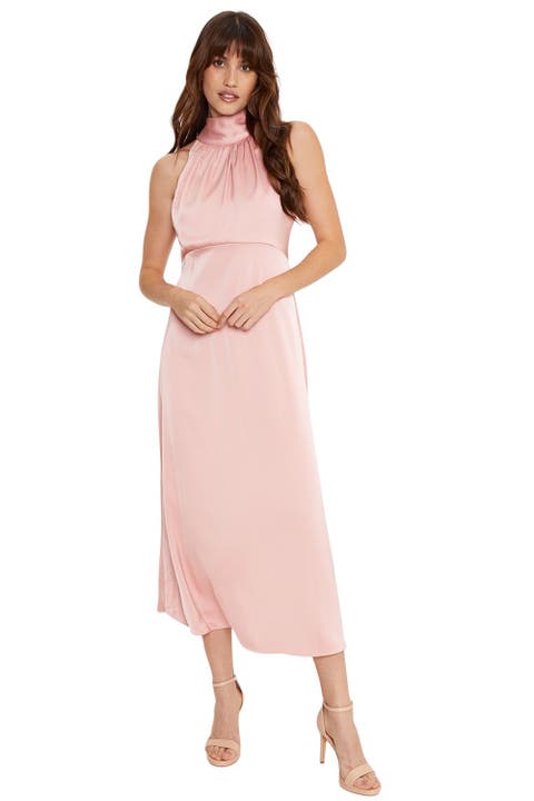 Satin Halter Neck Midi Bridesmaid Dress