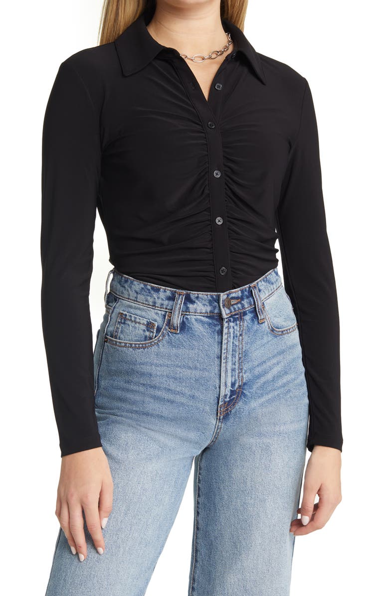 Halogen<sup>®</sup> Ruched Front Button-Up Shirt, Main, color, 