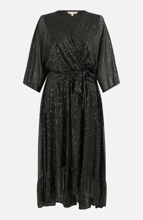Yumi Sequin Kimono Midi Wrap Dress In Black