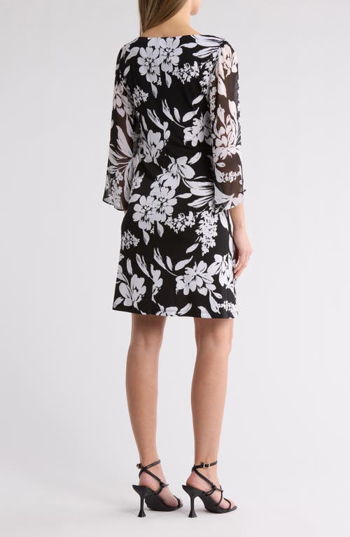 Connected Apparel Floral Chiffon Sleeve A-line Dress In Black