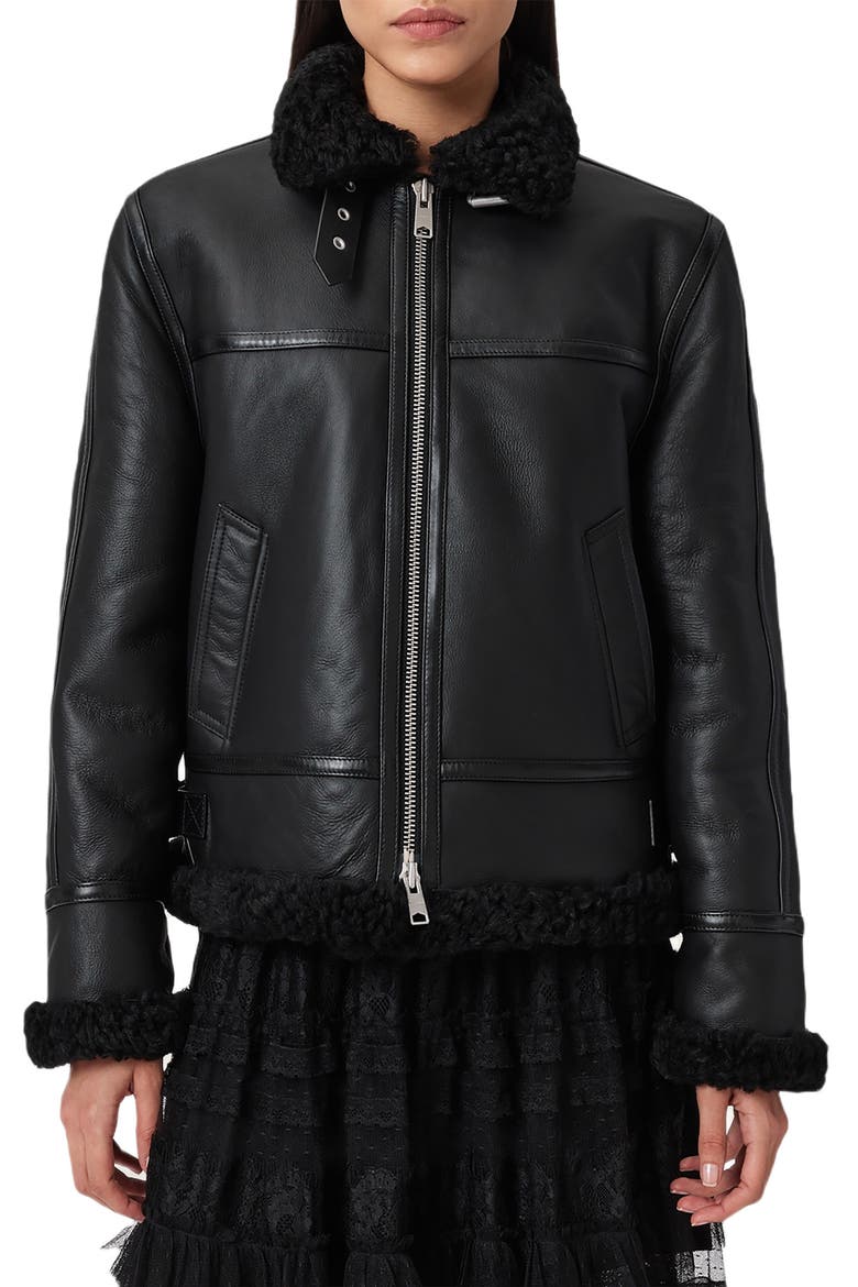 Lorel Leather & Genuine Shearling Flying Jacket, Main, color, BLACK/ BLACK