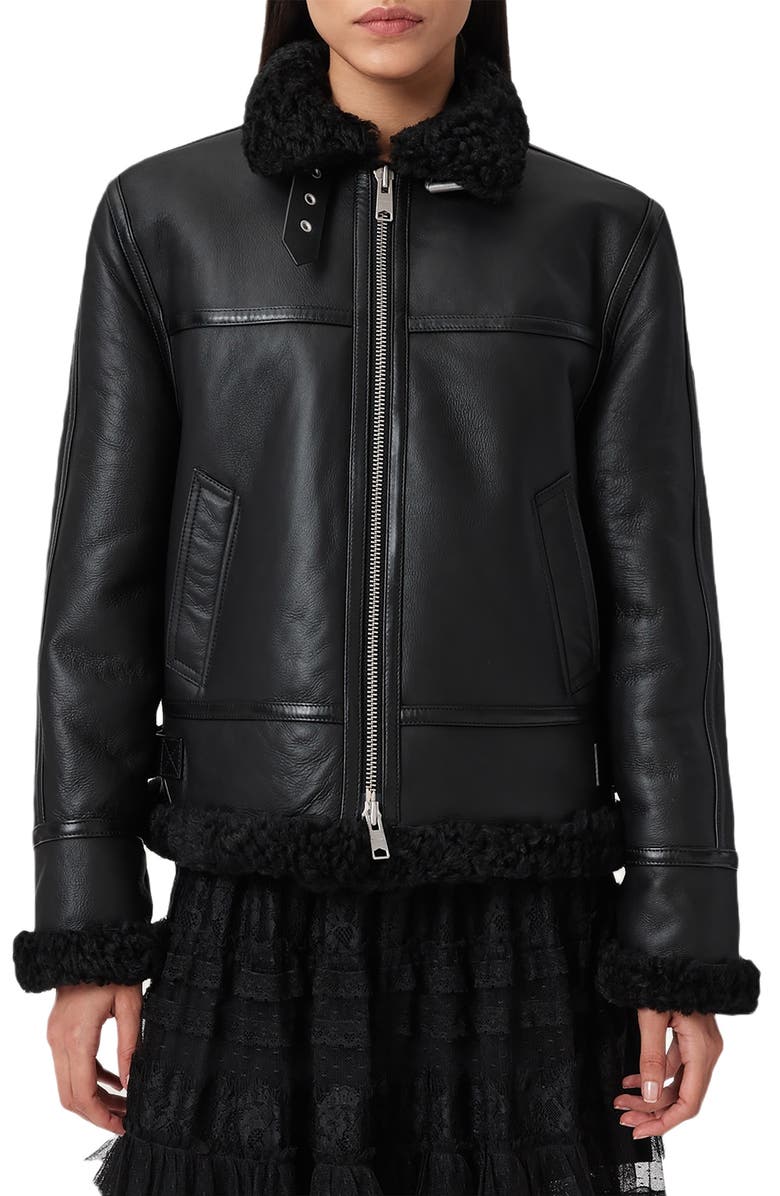 AllSaints Lorel Leather & Genuine Shearling Flying Jacket, Main, color, Black/ Black