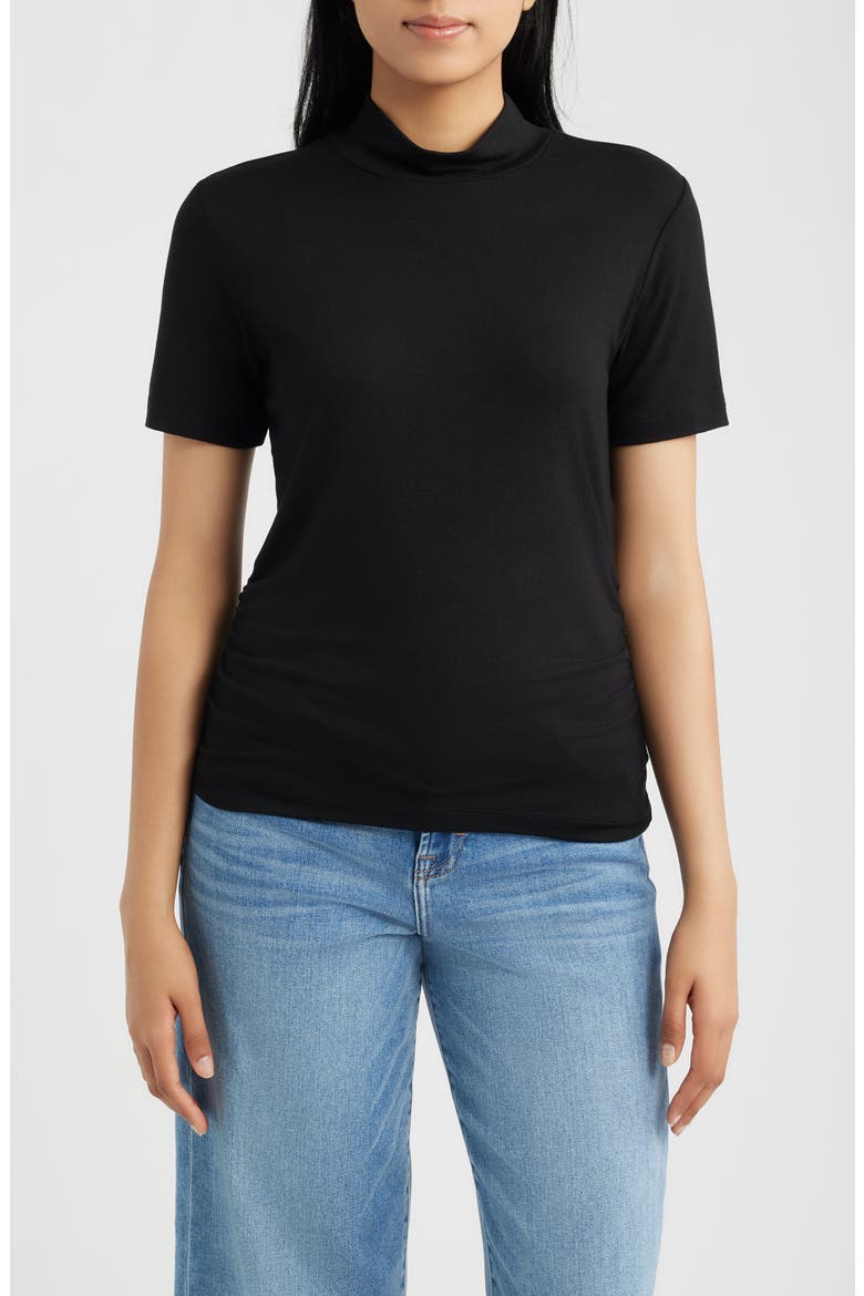 Short Sleeve Mock Neck Top, Main, color, BLACK