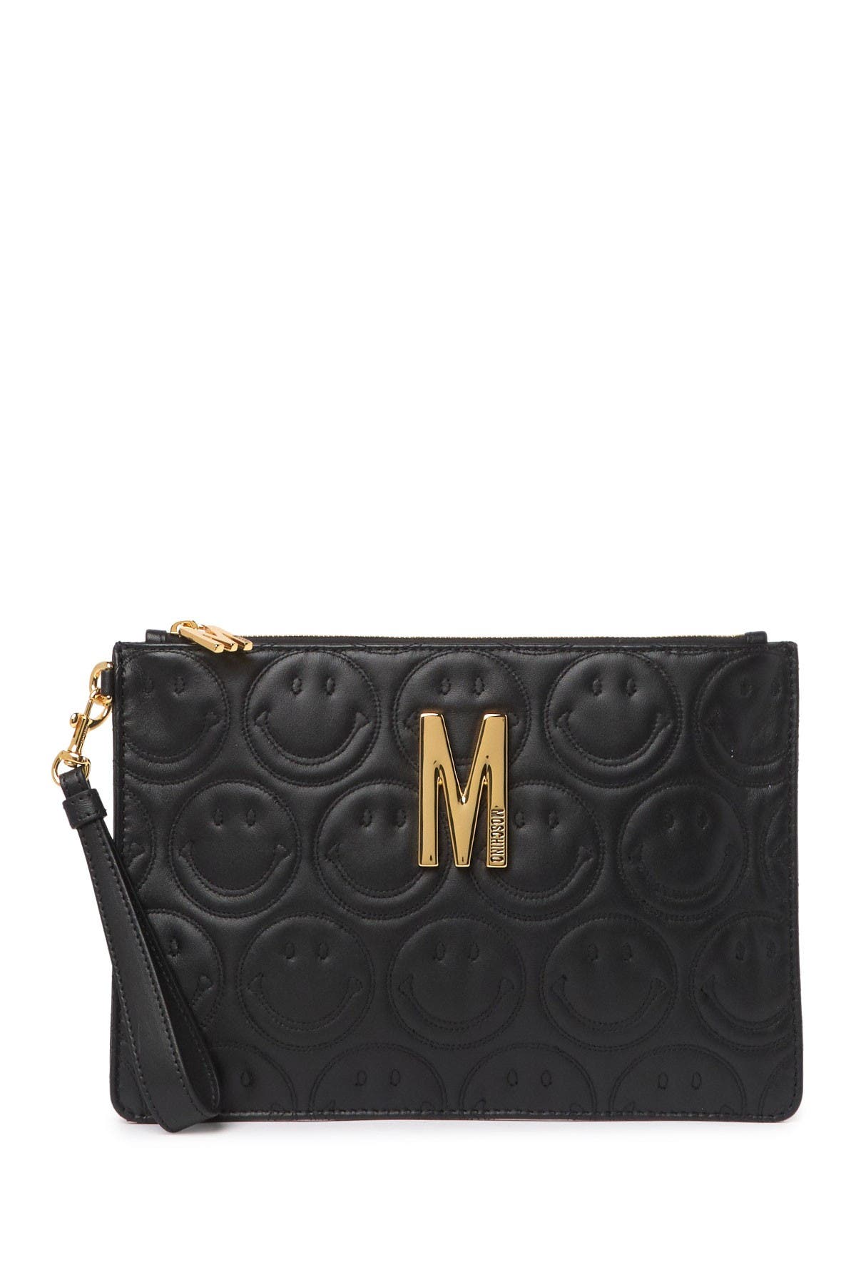Moschino Logo Smiley Leather Wristlet Clutch, Main, color, 