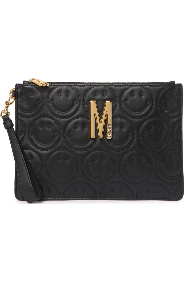 Moschino Logo Smiley Leather Wristlet Clutch, Main, color,