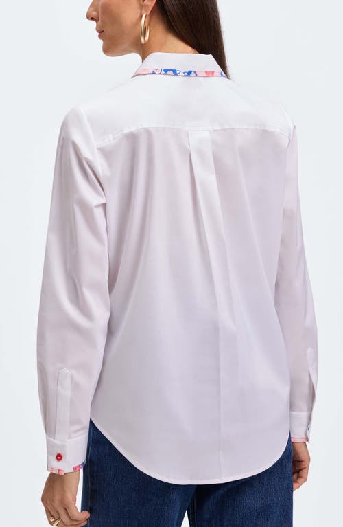 Foxcroft Charlie Floral Trim Cotton Blend Button-up Shirt In White