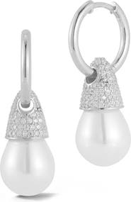 SPHERA MILANO Pavé Cubic Zirconia & 10–10.5mm Cultured Pearl Drop Huggie Hoop Earrings