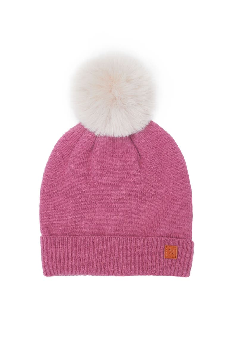 Knit Winter Hat with Faux Fur Pom, Main, color, Rose Pink