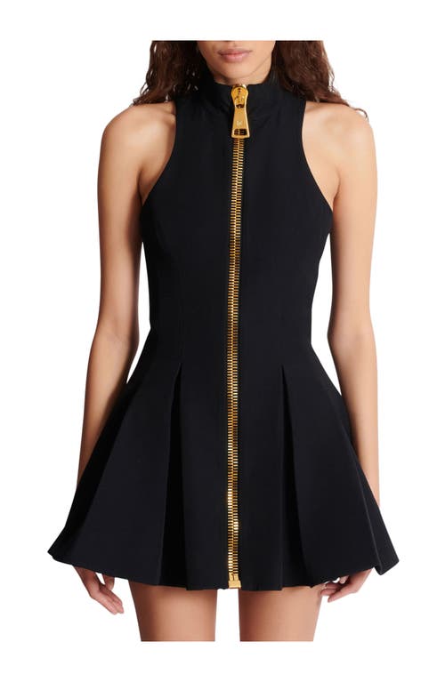 Balmain Zip-detailed Pleated Grain De Poudre Wool Mini Dress In Black