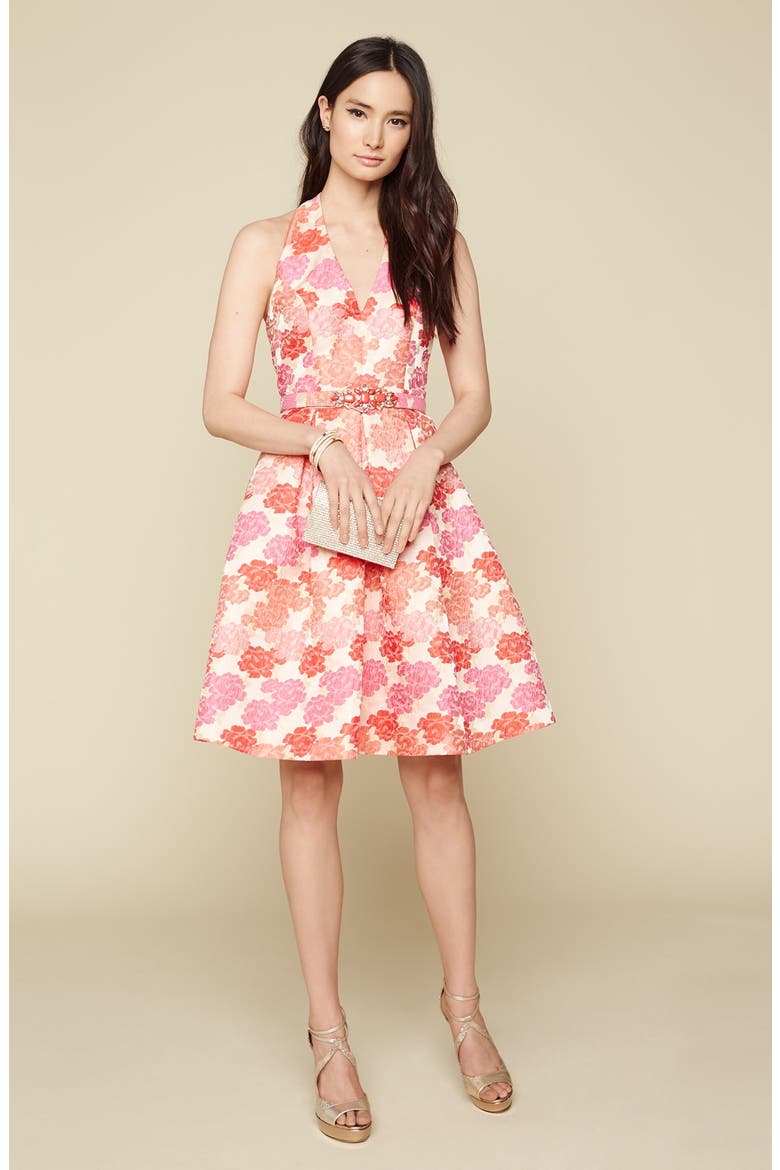 Embellished Jacquard Fit & Flare Dress, Alternate, color, CORAL