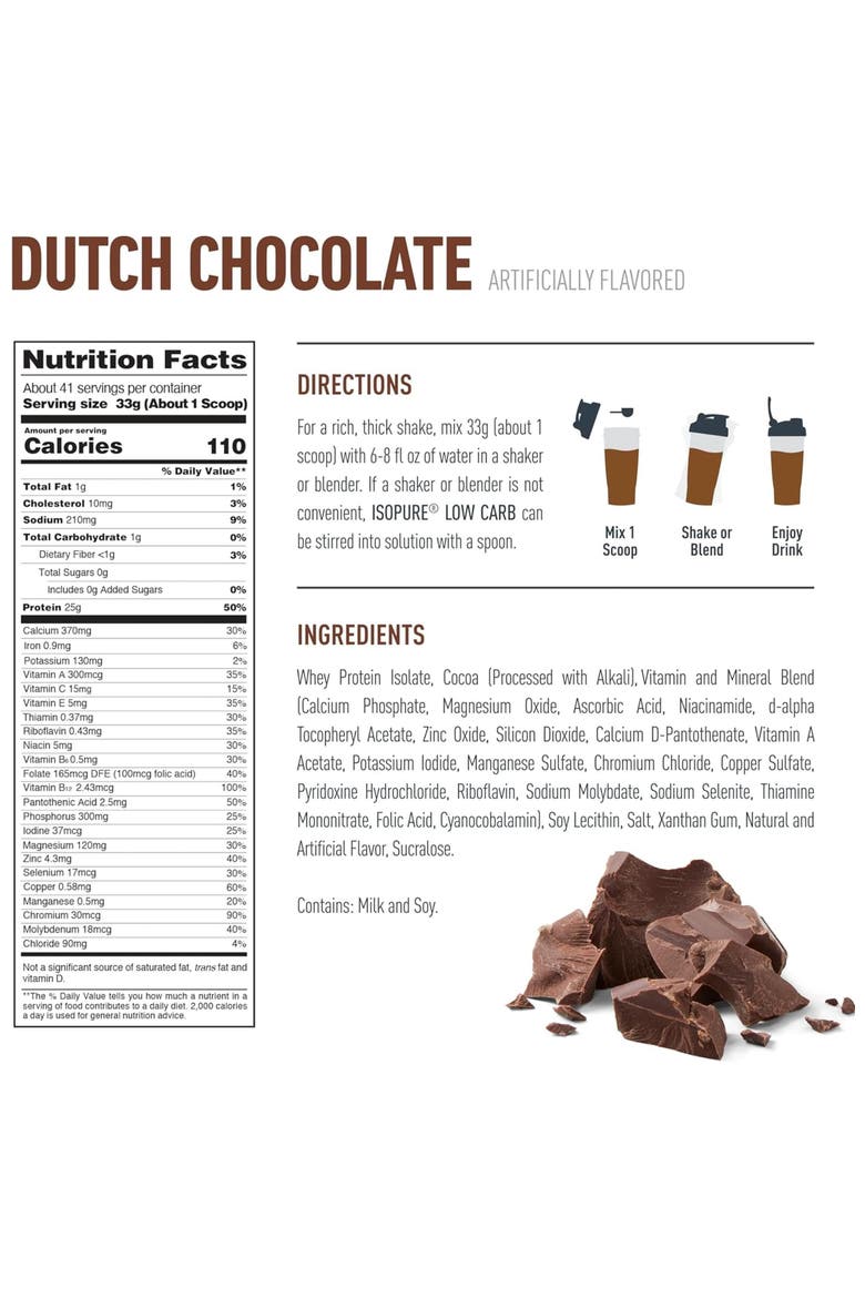 Low Carb Pure Whey Isolate Protein Powder Dutch Chocolate, Alternate, color, None