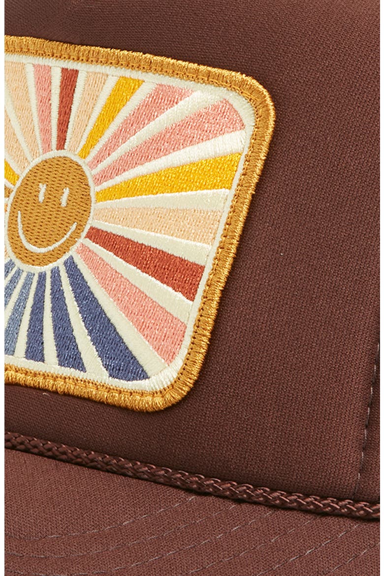 Sunray Smile Patch Trucker Hat, Alternate, color, BROWN