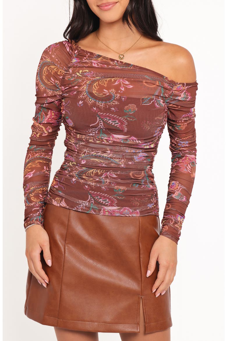 Elfrida Ruched One-Shoulder Mesh Top, Main, color, BROWN FLORAL