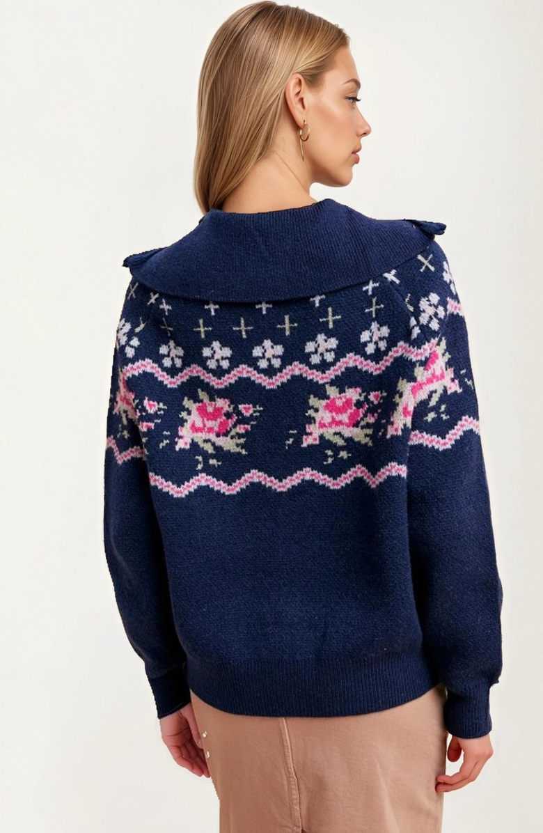 Knit and Lounge Half-Zip Floral Fair Isle Sweater, Alternate, color, Navy / Pink / Off White