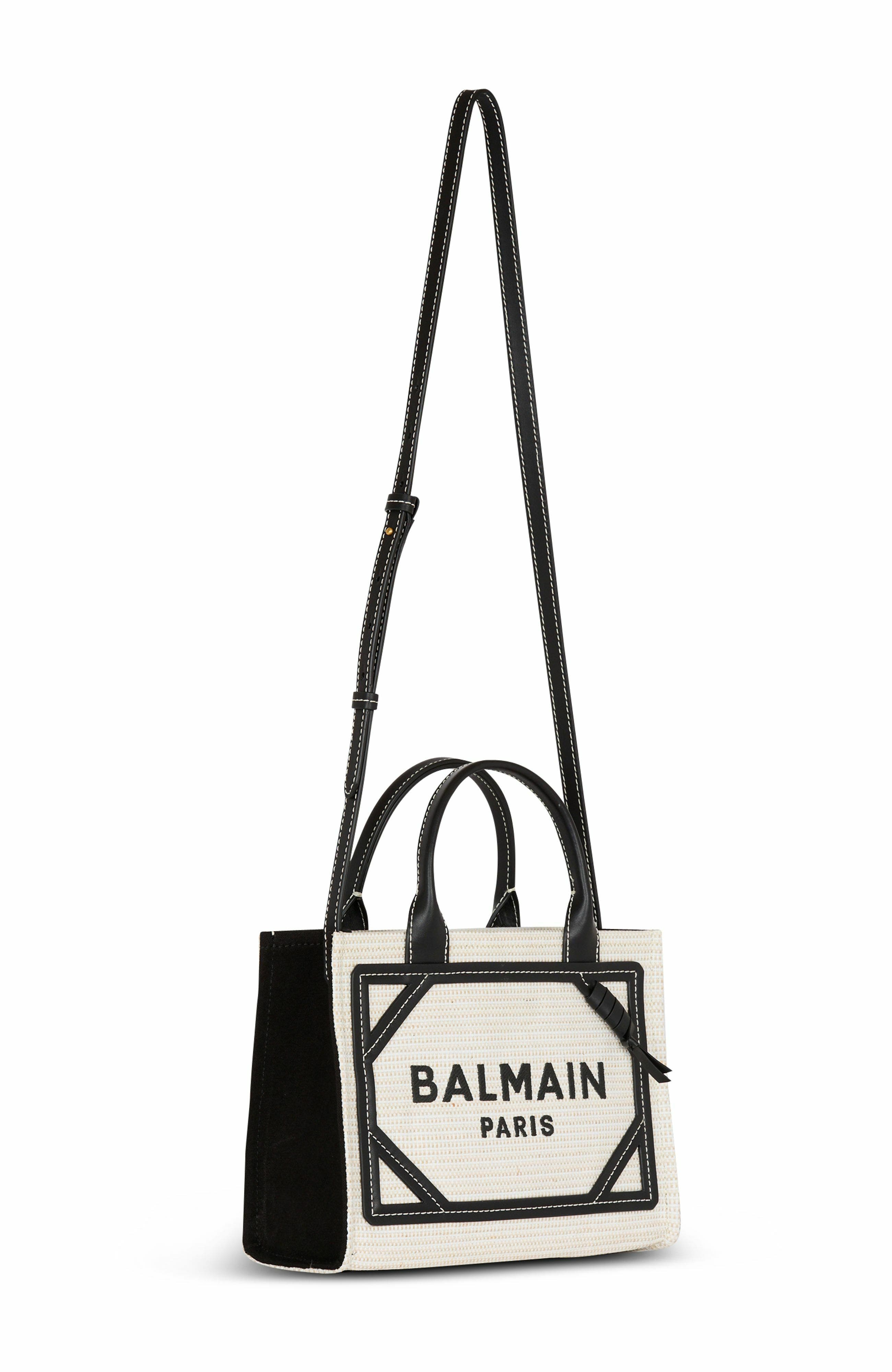Balmain Small Raffia B-Army Tote Bag, Alternate, color, 