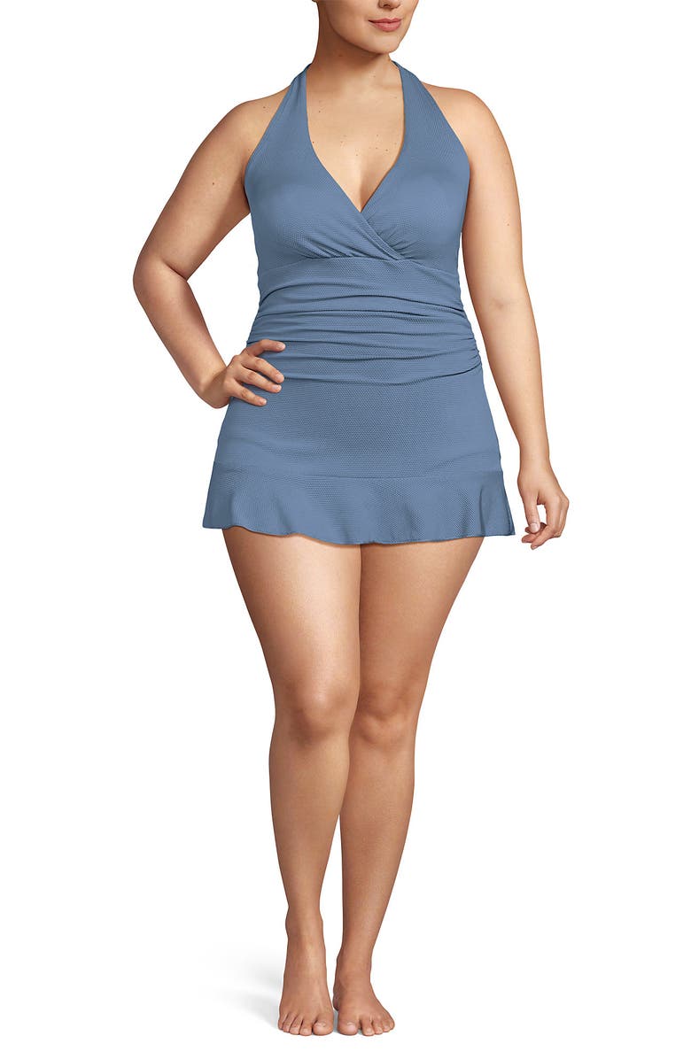 Lands' End Plus Size Pique Halter Ruffle Hem Mini Swim Dress Swimsuit, Alternate, color, Dusk Sky