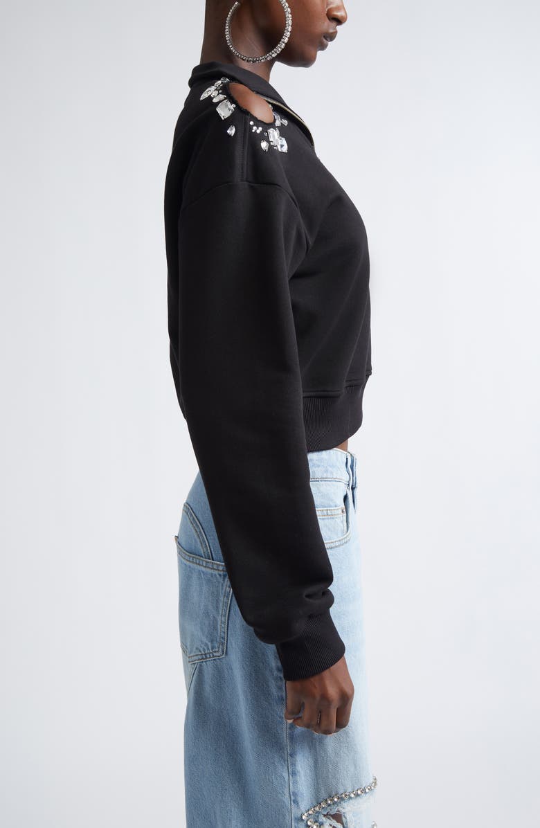 Area Crystal Cluster Cutout Quarter Zip Sweatshirt, Alternate, color, Black