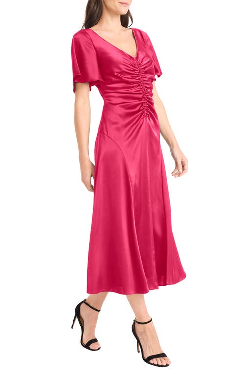 Maggy London Flutter Sleeve Ruched Satin Midi Dress In Pink