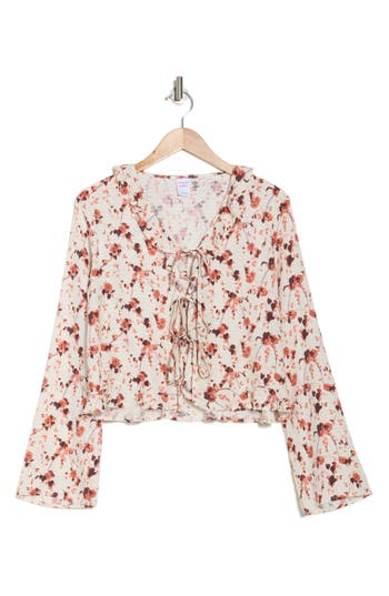 Shop Melrose And Market Ruffle Front Tie Long Sleeve Top In Ivory- Rust Drooping Floral