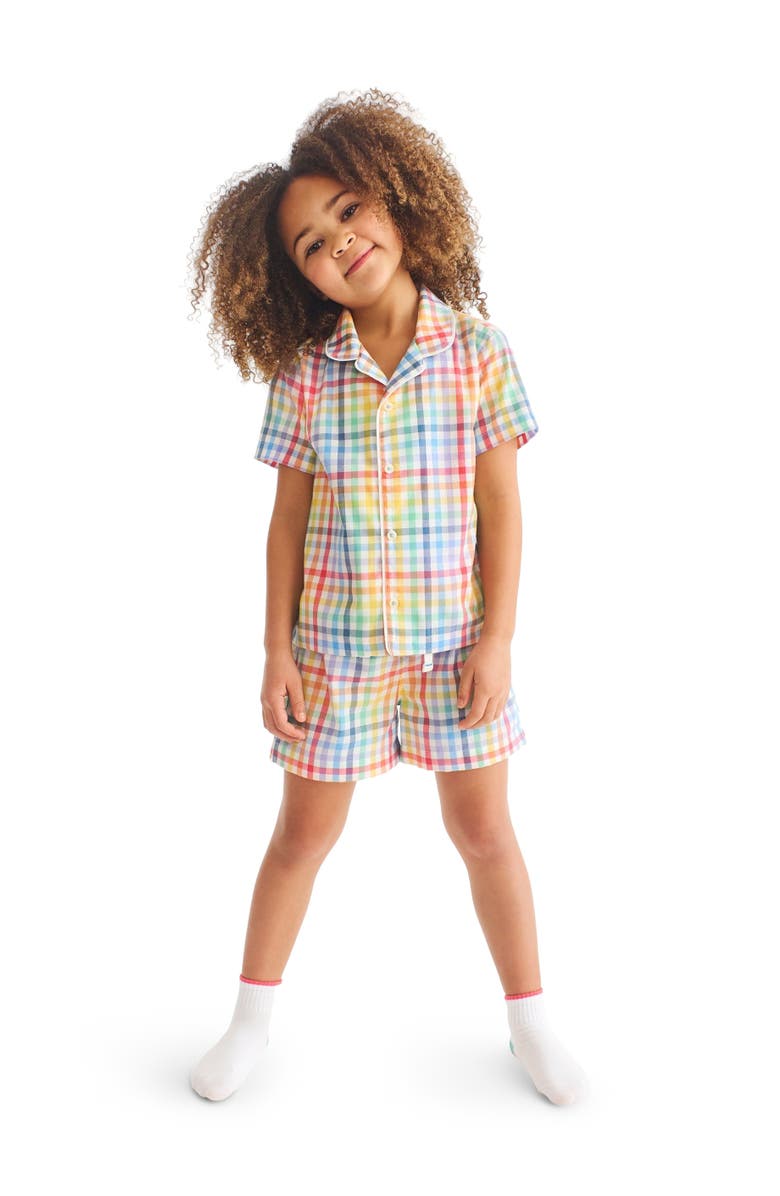 Primary Kids Short Sleeve Pj Top In Rainbow Plaid, Alternate, color, Ivory Rainbow Plaid