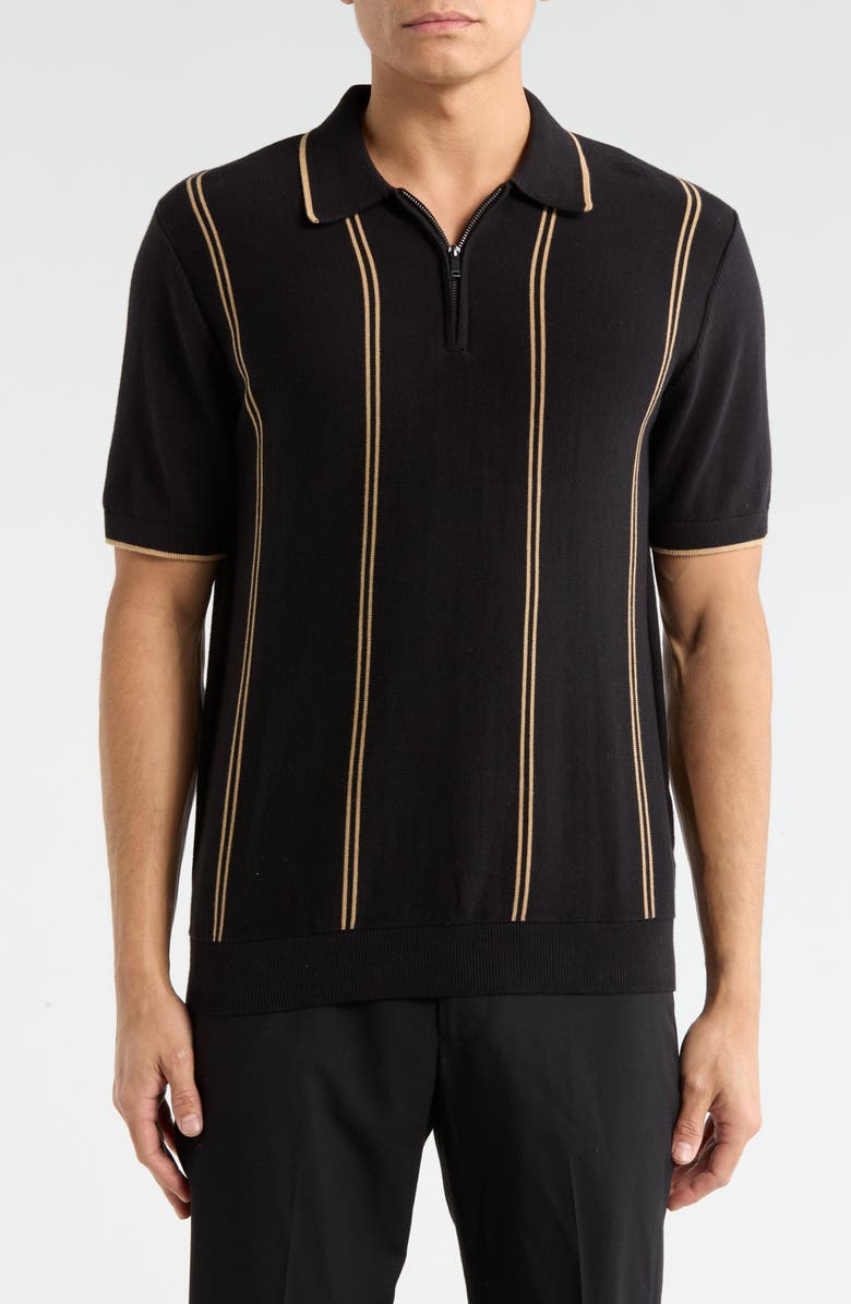 DENIM AND FLOWER Quarter Zip Knit Polo, Main, color, Black