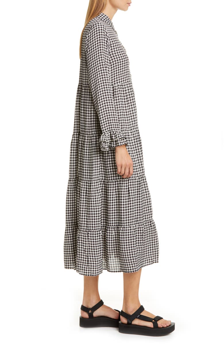 Ganni Gingham Print Crepe Long Sleeve Midi Dress, Alternate, color, 