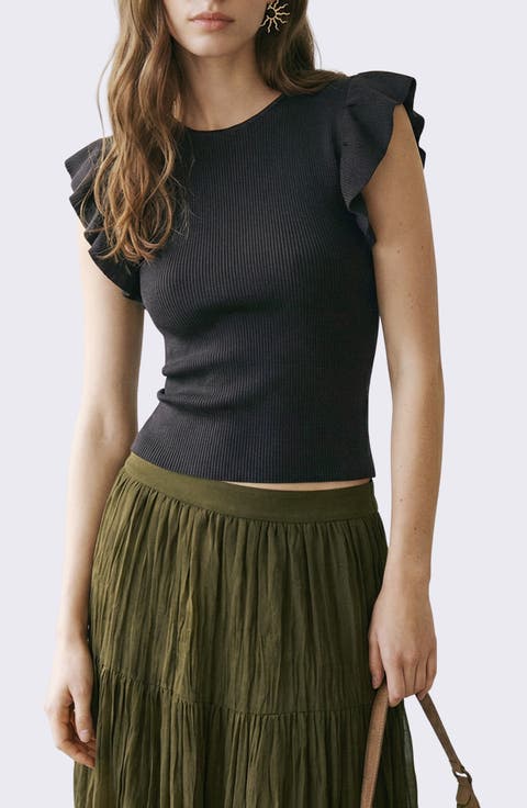 Ruffle Sleeve Rib Crop Top