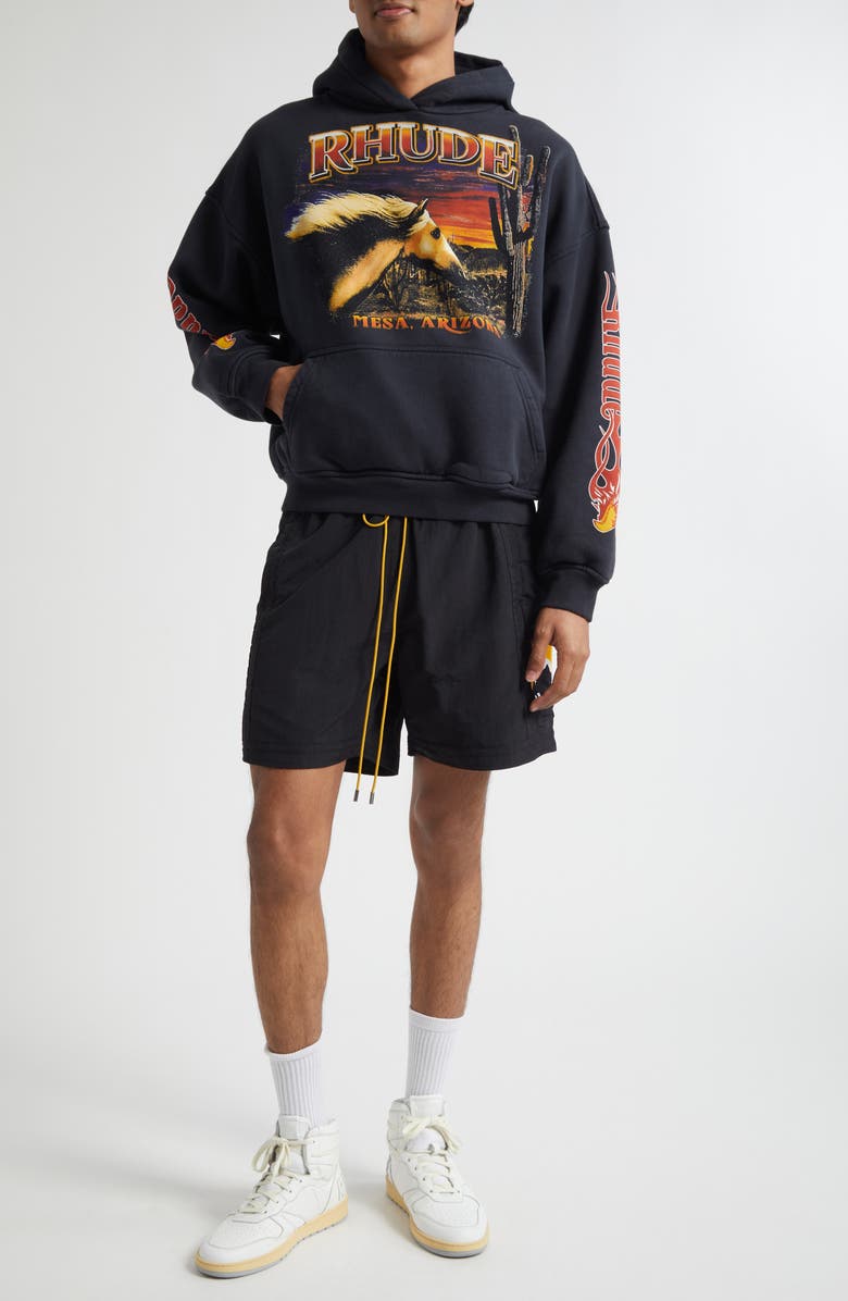 Rhude Moonlight Logo Nylon Drawstring Shorts, Alternate, color, Black / Yellow / White