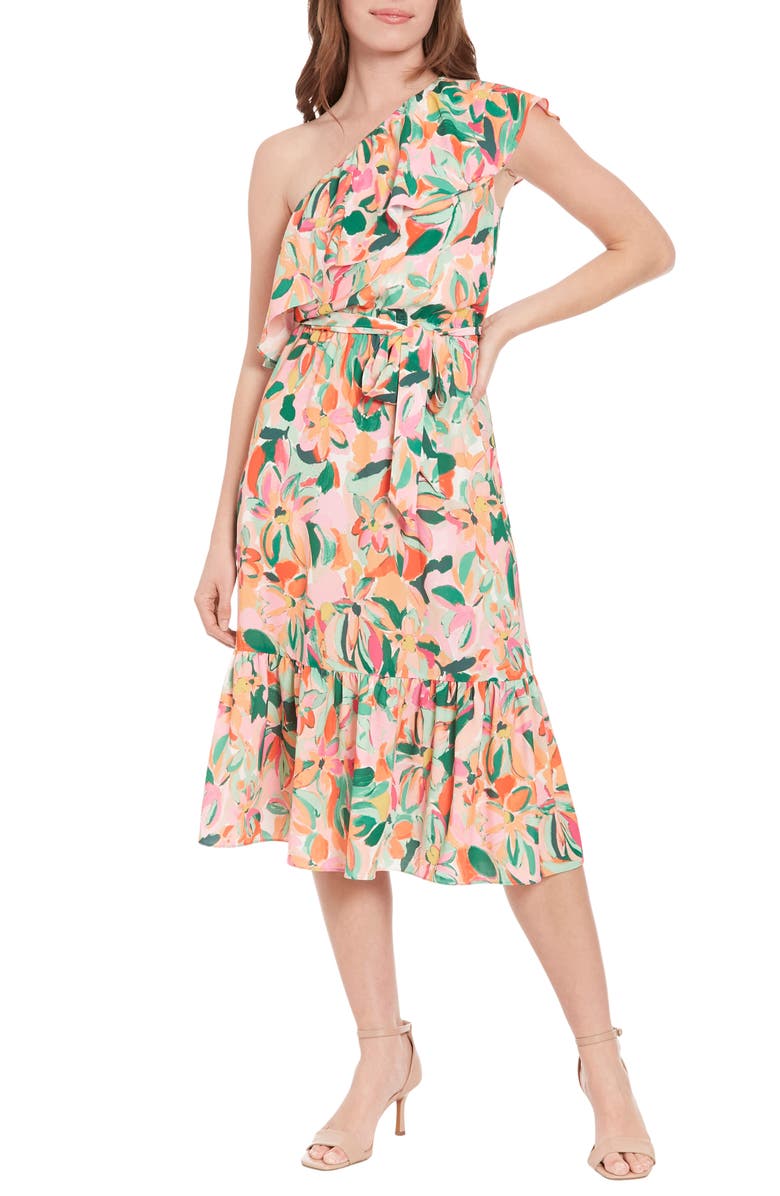 London Times Floral Print Ruffle Tie Waist One-Shoulder Midi Dress, Main, color, 