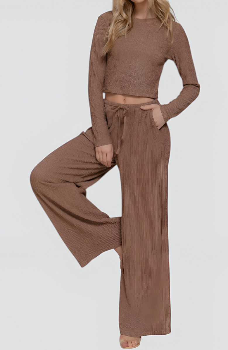 Modenaire Ribbed Long Sleeve Crop Top and Wide Leg Lounge Pants Set with Drawstring, Alternate, color, Brown