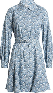 CeCe Fan Print Belted Button-Up Shirtdress