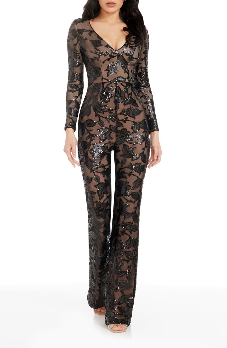 Dress the Population Carson Sequin Floral Long Sleeve Jumpsuit, Main, color, Black-Nude