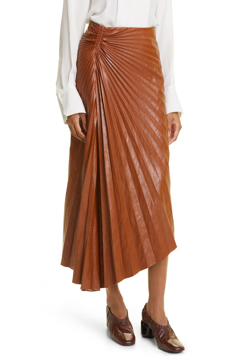 Tracy Asymmetric Pleat Faux Leather Skirt, Alternate, color, COGNAC