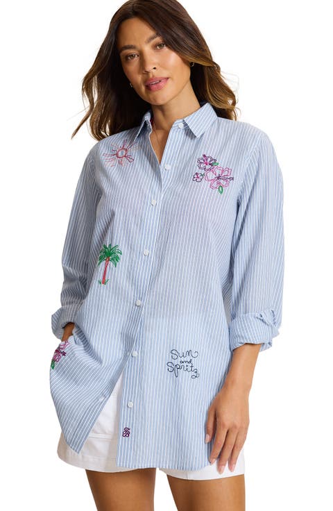 Summer Embroidered Pinstripe Cotton Boyfriend Shirt