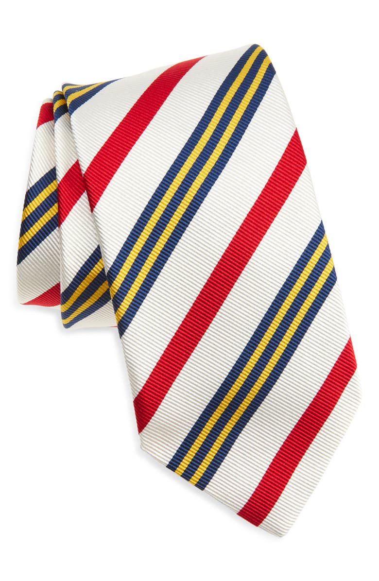 Drake's Super Reppe Stripe Silk Twill Tie, Main, color, White Navy Yellow Red