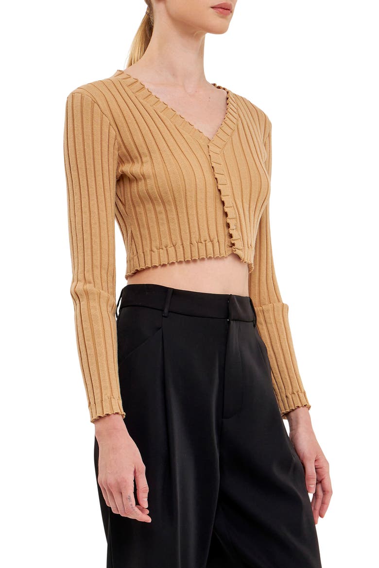 Crop Lettuce Edge Long Sleeve Top, Alternate, color, CAMEL