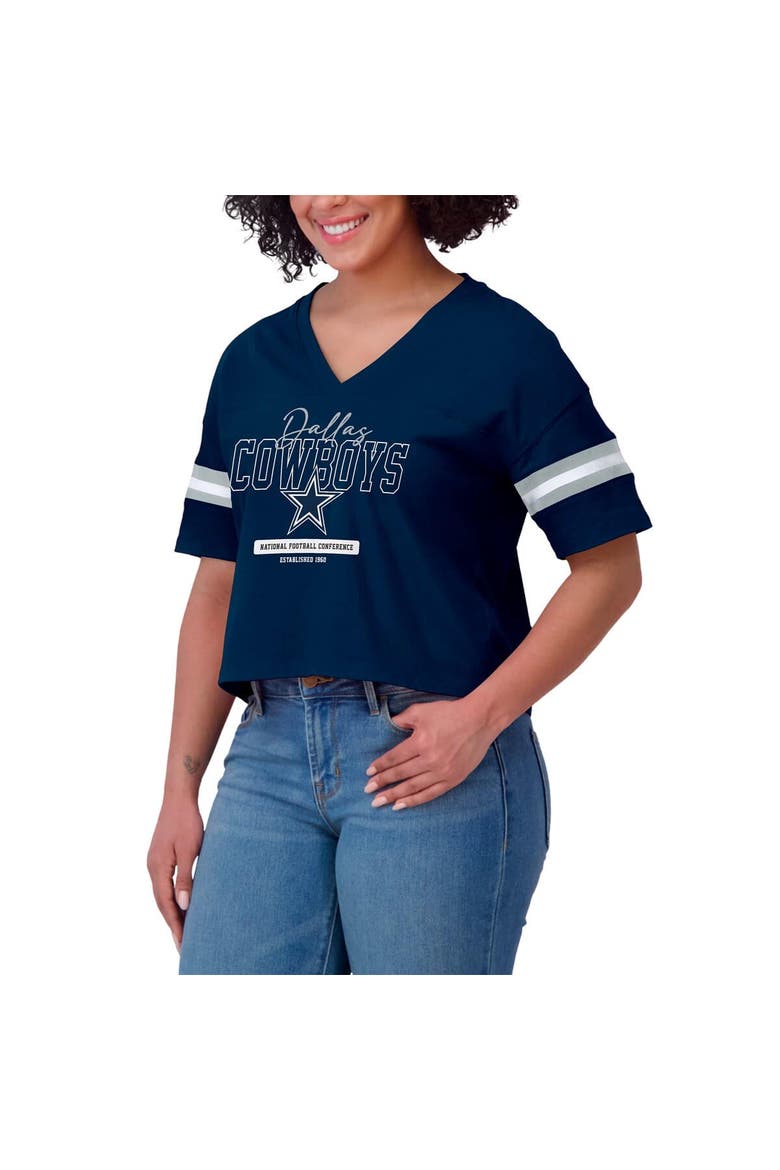 Women's WEAR by Erin Andrews Navy Dallas Cowboys Color Block Boxy Modest Crop V-Neck T-Shirt, Alternate, color, Navy