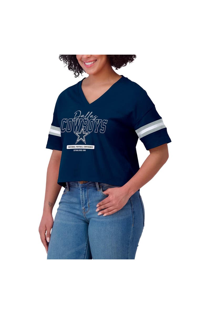 WEAR by Erin Andrews Women's WEAR by Erin Andrews Navy Dallas Cowboys Color Block Boxy Modest Crop V-Neck T-Shirt, Alternate, color, Navy