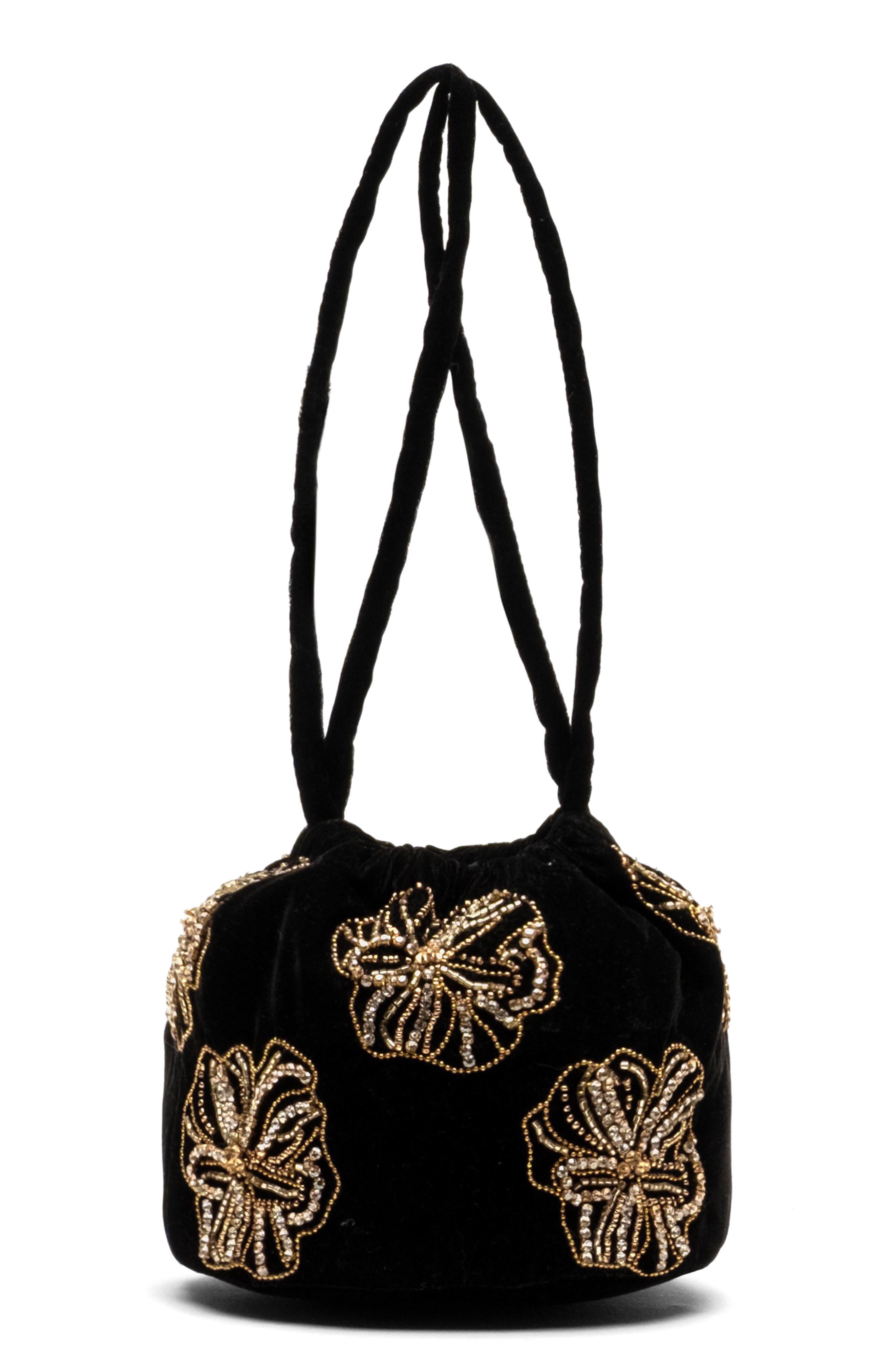 Frances Valentine Pouf Floral Embroidered Velvet Pouch, Main, color, Black/Gold