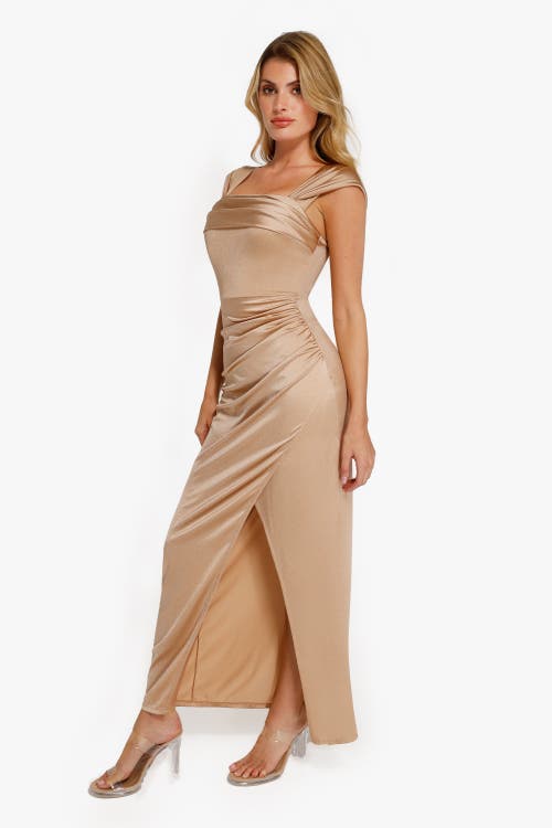 Popilush Shapewear Off Shoulder Shine Ruched Sculpting Maxi Dress In Champagne