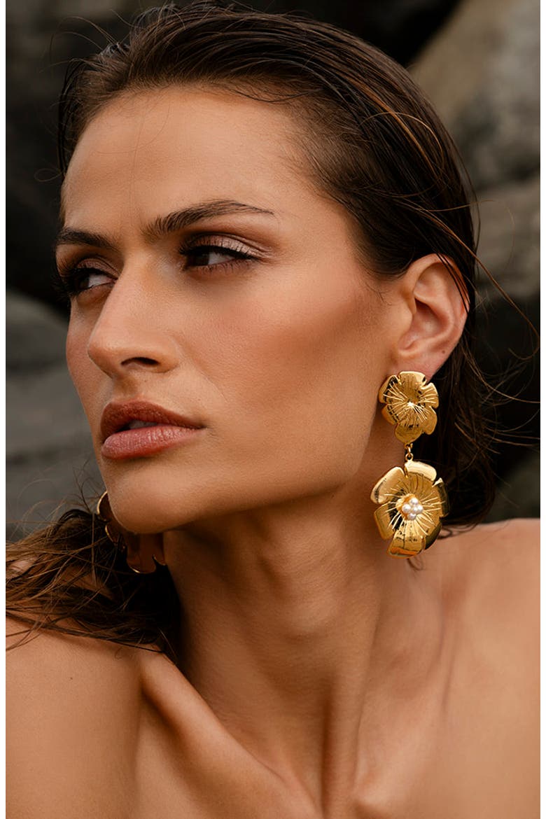 Double Poppy Drop Earrings, Alternate, color, 14K GOLD