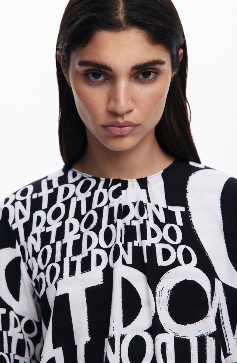 Desigual Lettering Ruched Sleeve Top, Alternate, color, Black