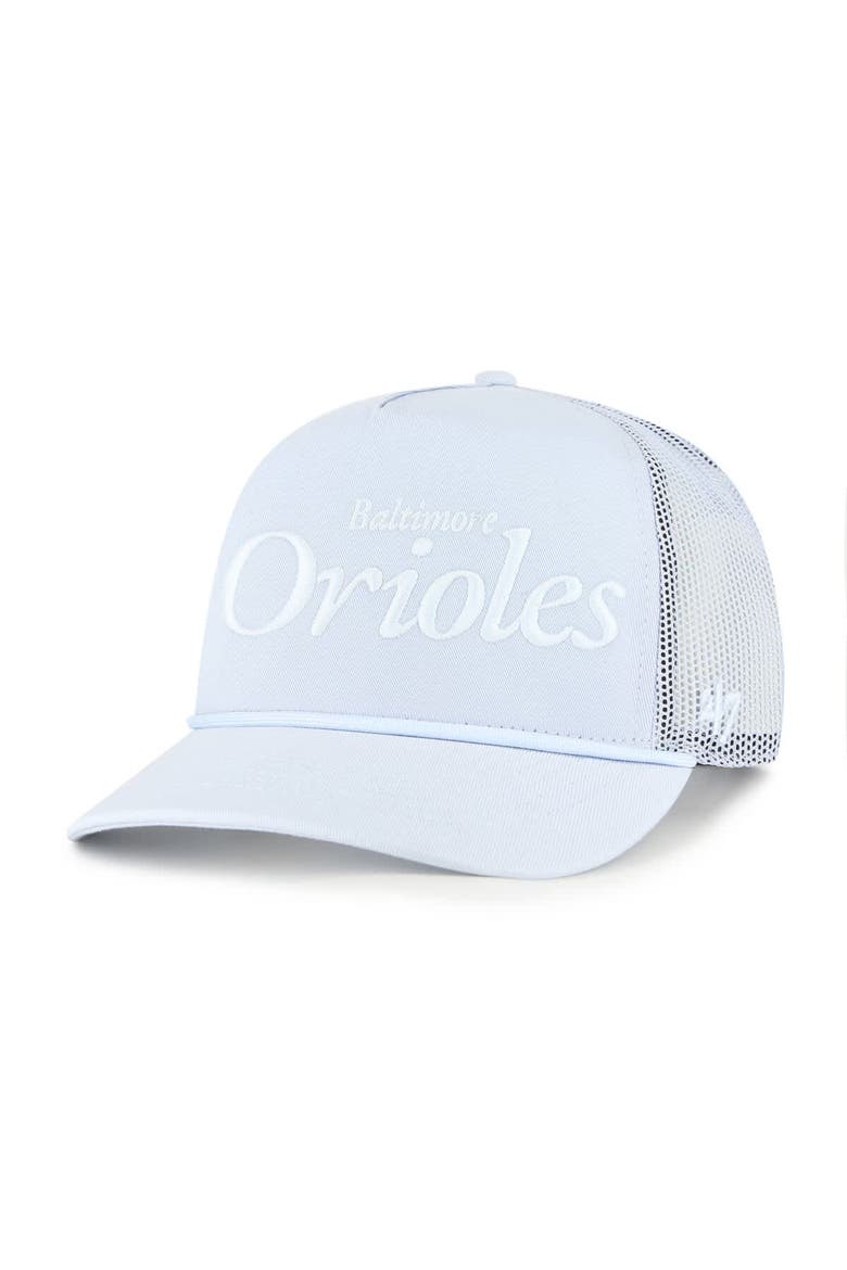 Men's '47 Light Blue Baltimore Orioles Foundation Script Hitch Adjustable Trucker Hat, Main, color, Light Blue