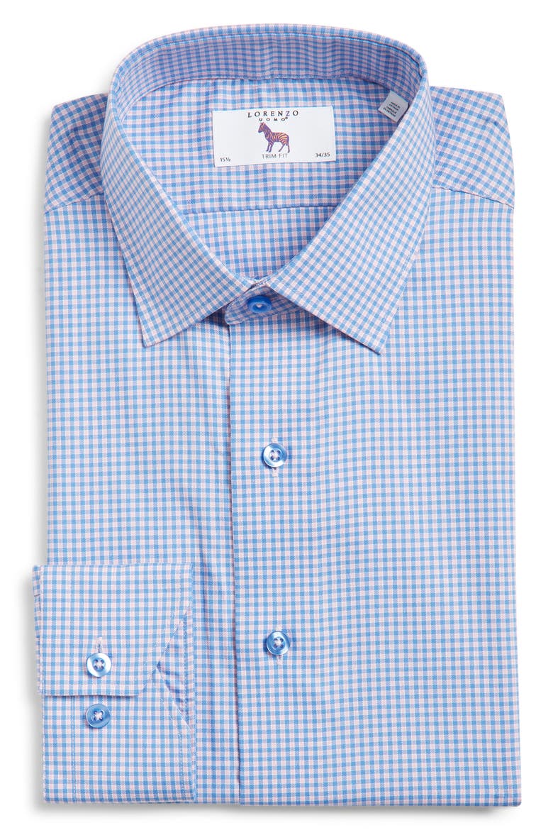 Trim Fit Check Stretch Cotton Blend Dress Shirt, Alternate, color, LIGHT BLUE/ PINK