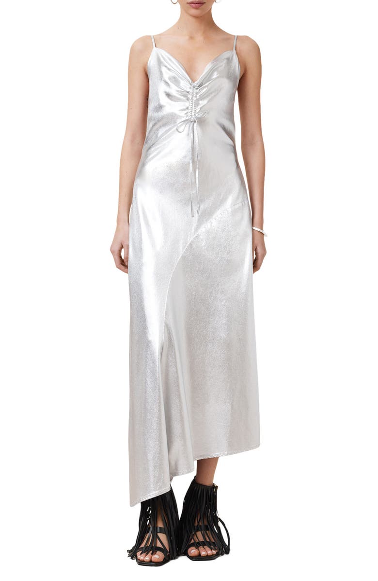 AllSaints Alexia Metallic Asymmetric Slipdress, Main, color, Metallic Silver