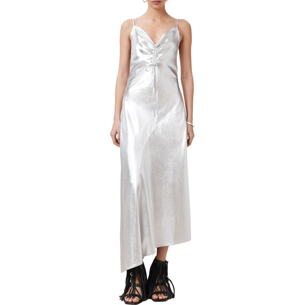 Allsaints Alexia V-neck Drawstring Midi Slip Dress In Metallic Silver