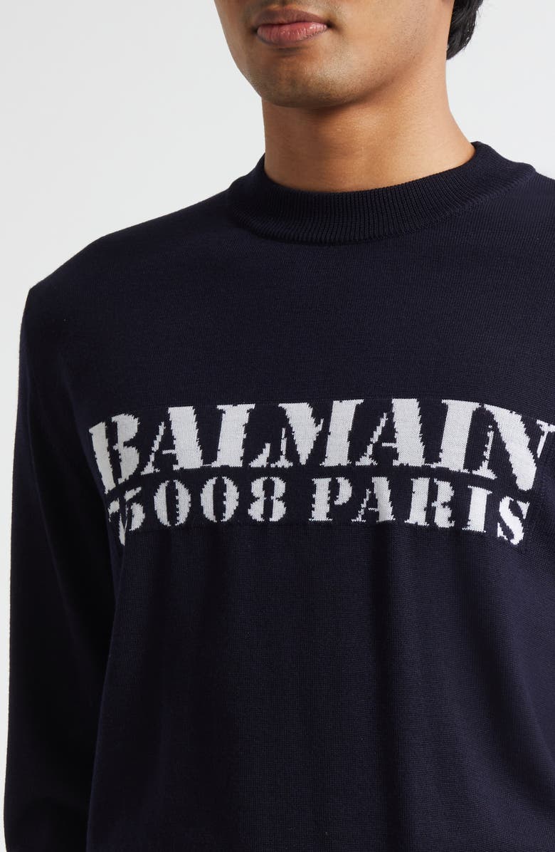 Balmain Stamp Logo Jacquard Merino Wool Sweater, Alternate, color, Navy/ White