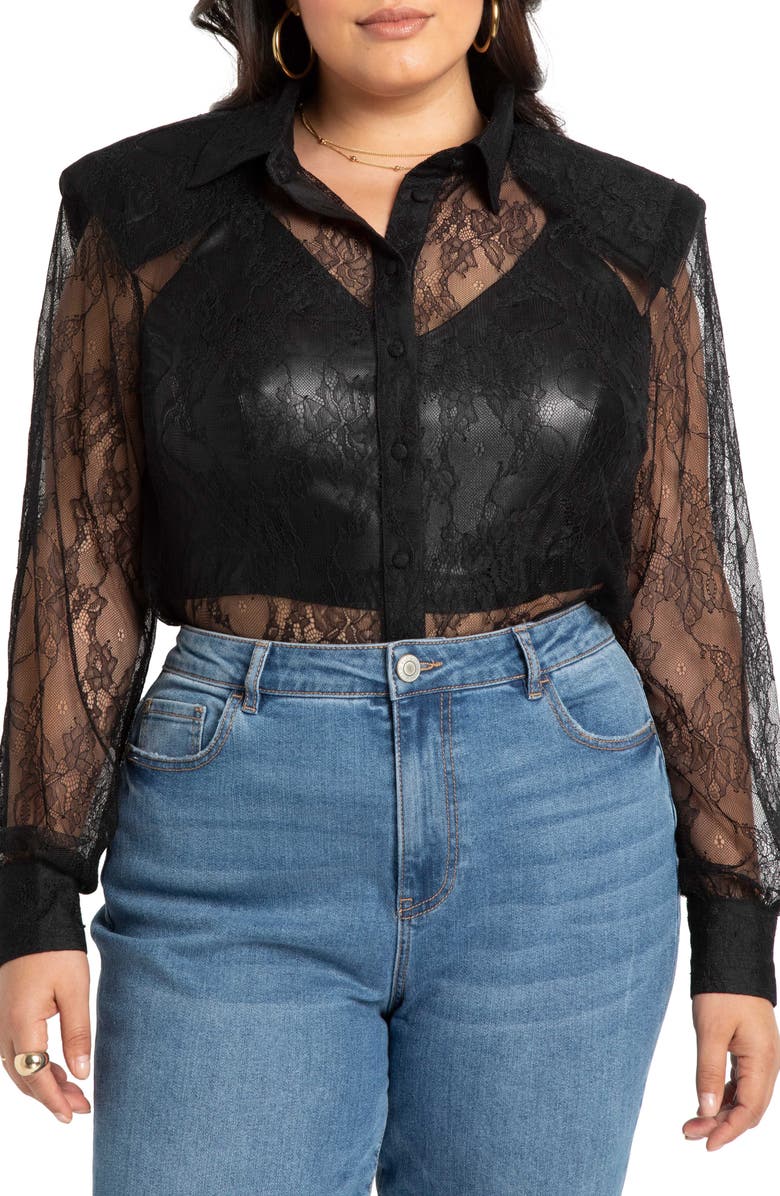 ELOQUII Sheer Lace Blouse, Main, color,