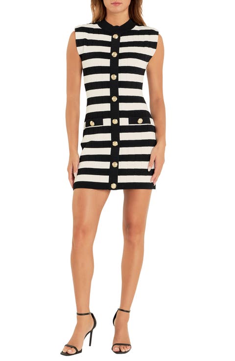 Stripe Mock Neck Rib Mini Sweater Dress